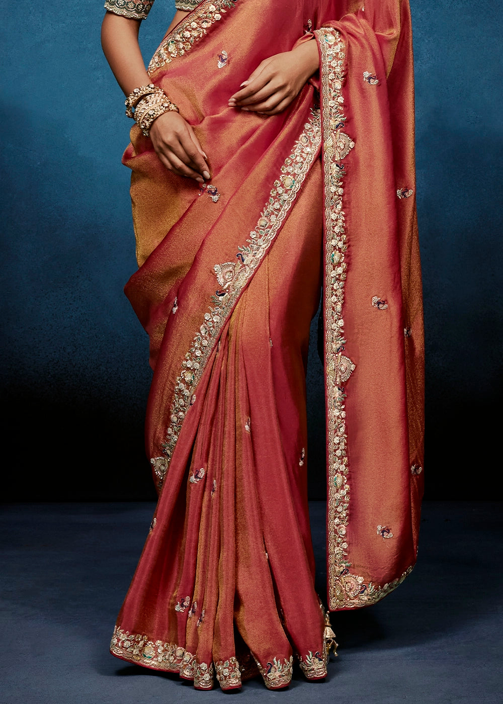 Shades Of Red Tissue Designer Saree with Embellished Blouse