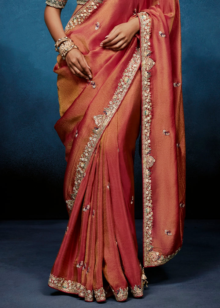 Shades Of Red Tissue Designer Saree with Embellished Blouse