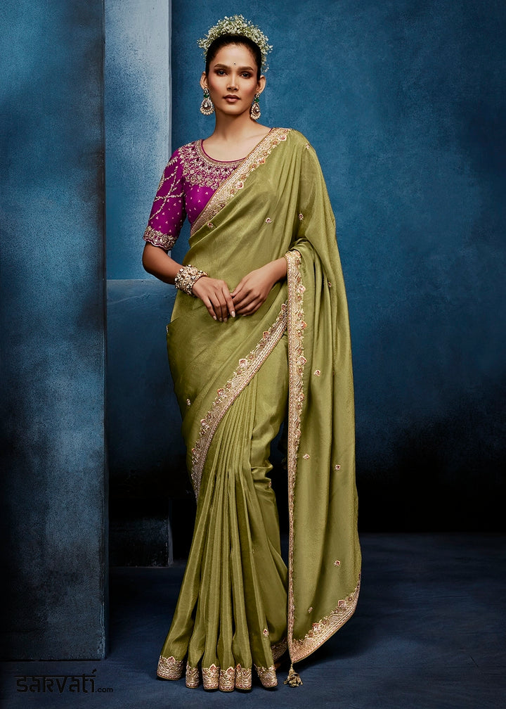 Light Green Tissue Designer Saree with Embellished Blouse