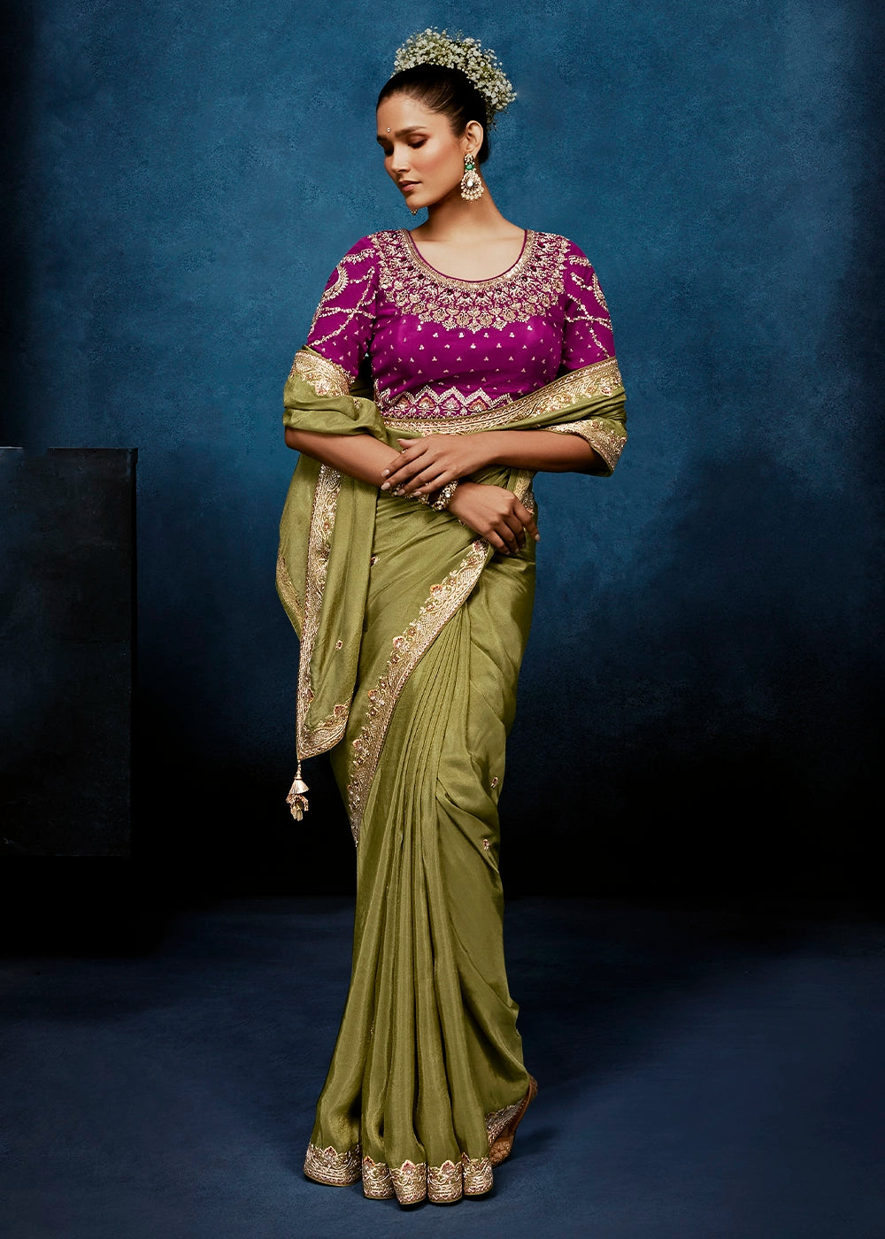 Light Green Tissue Designer Saree with Embellished Blouse