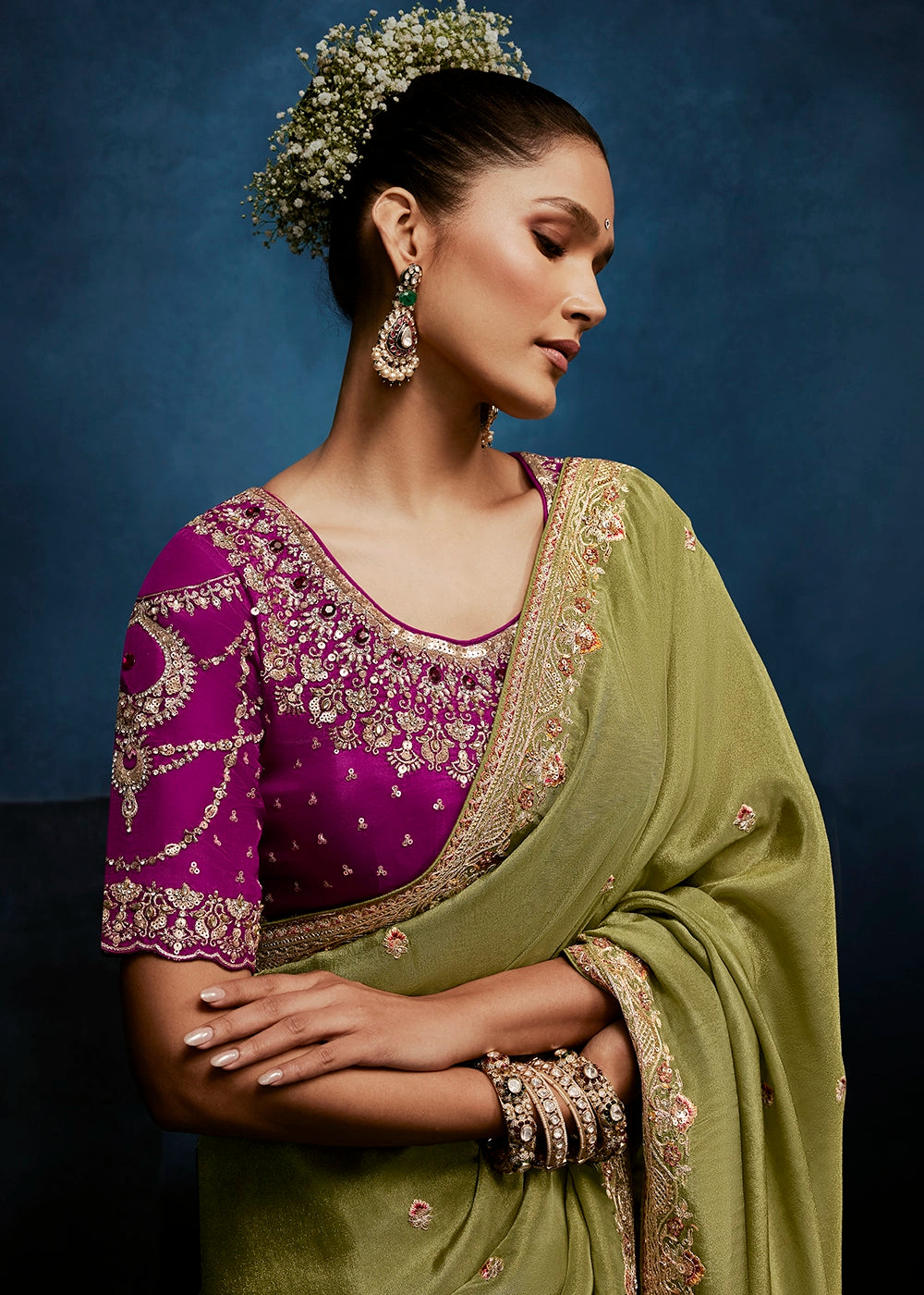 Light Green Tissue Designer Saree with Embellished Blouse