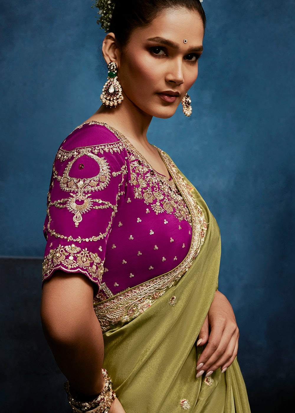 Light Green Tissue Designer Saree with Embellished Blouse