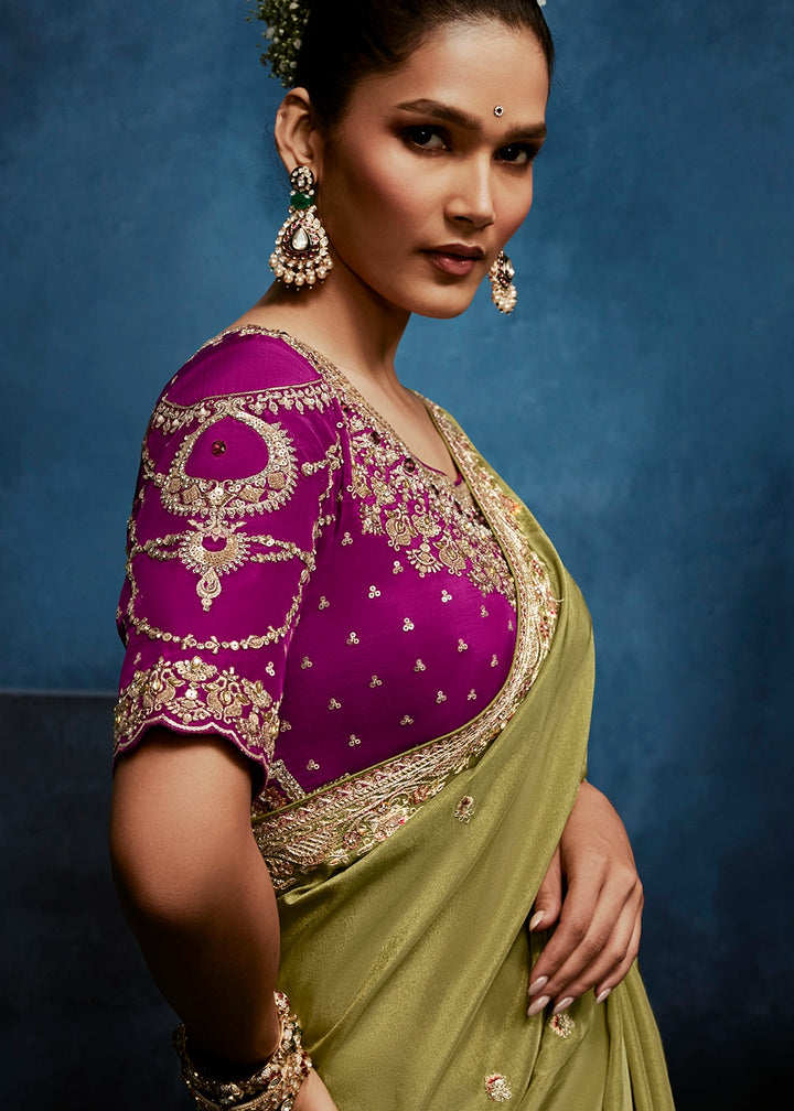 Light Green Tissue Designer Saree with Embellished Blouse
