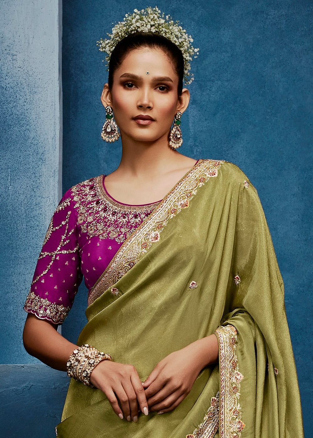 Light Green Tissue Designer Saree with Embellished Blouse