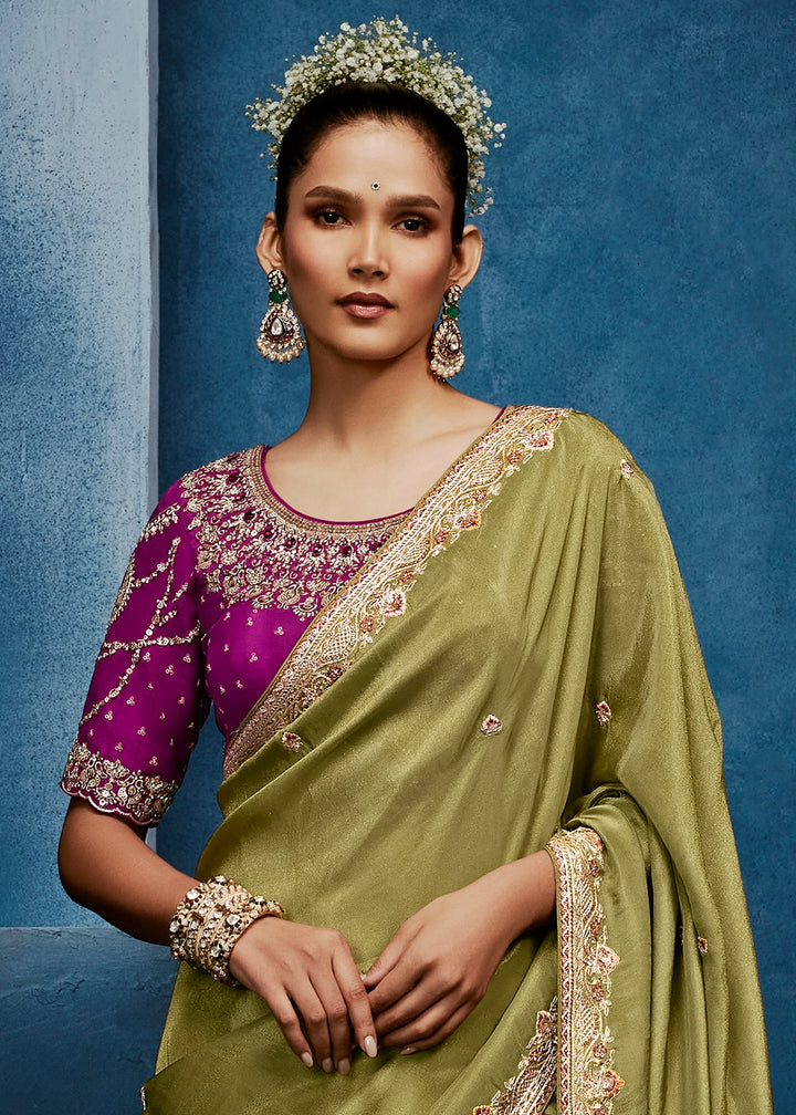Light Green Tissue Designer Saree with Embellished Blouse