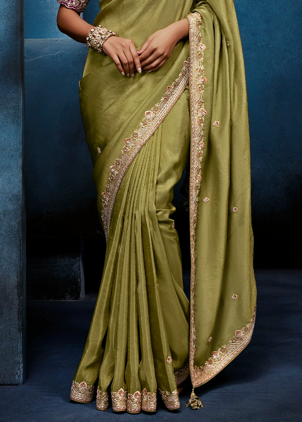 Light Green Tissue Designer Saree with Embellished Blouse