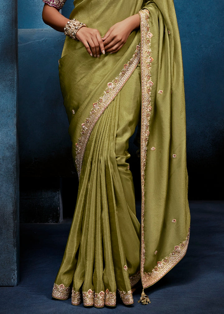 Light Green Tissue Designer Saree with Embellished Blouse