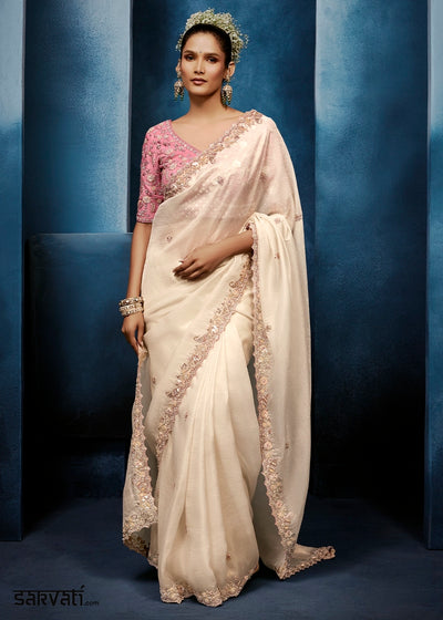 Cream White Tissue Designer Saree with Embellished Blouse