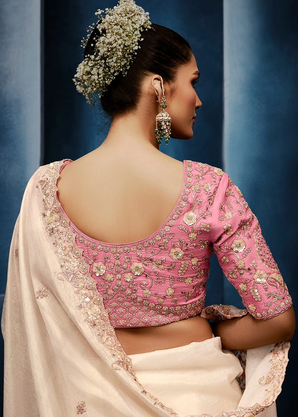Cream White Tissue Designer Saree with Embellished Blouse