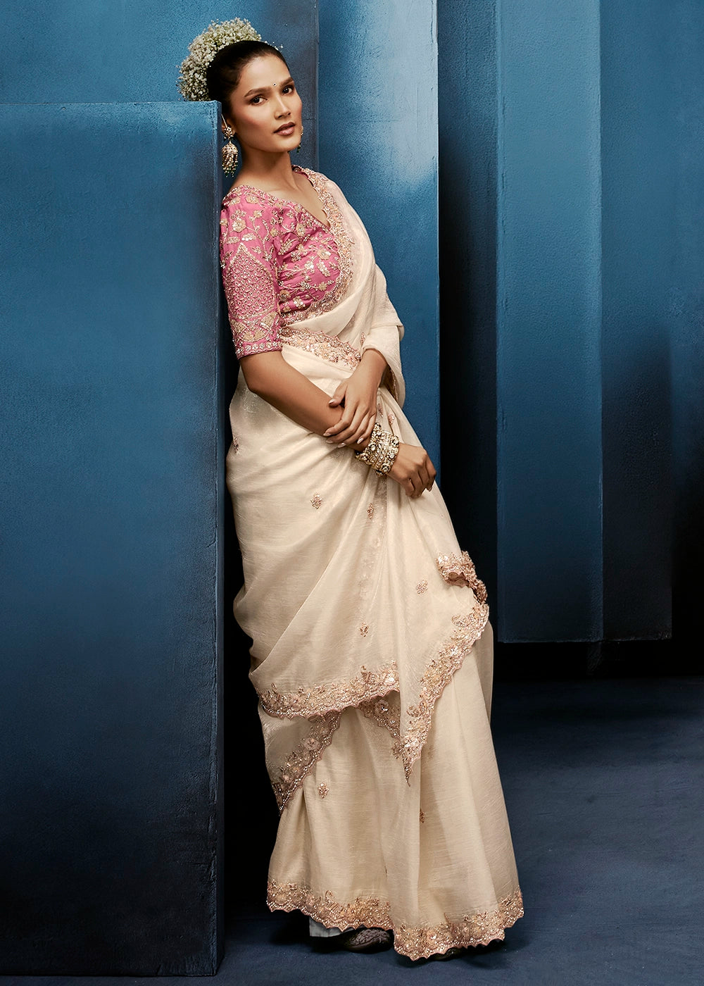 Cream White Tissue Designer Saree with Embellished Blouse