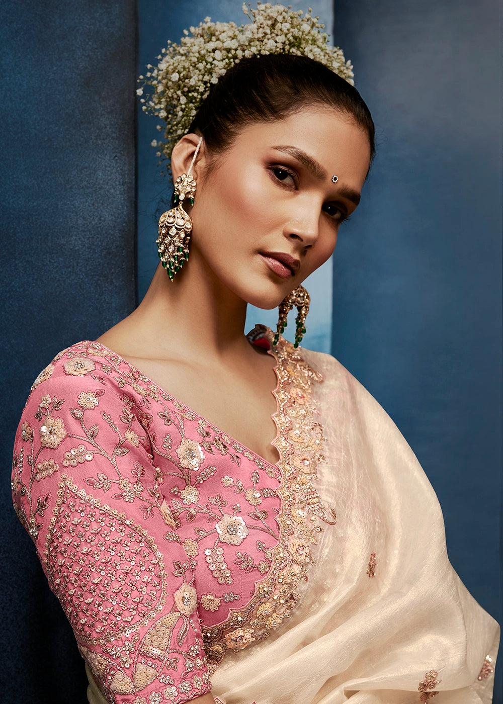 Cream White Tissue Designer Saree with Embellished Blouse