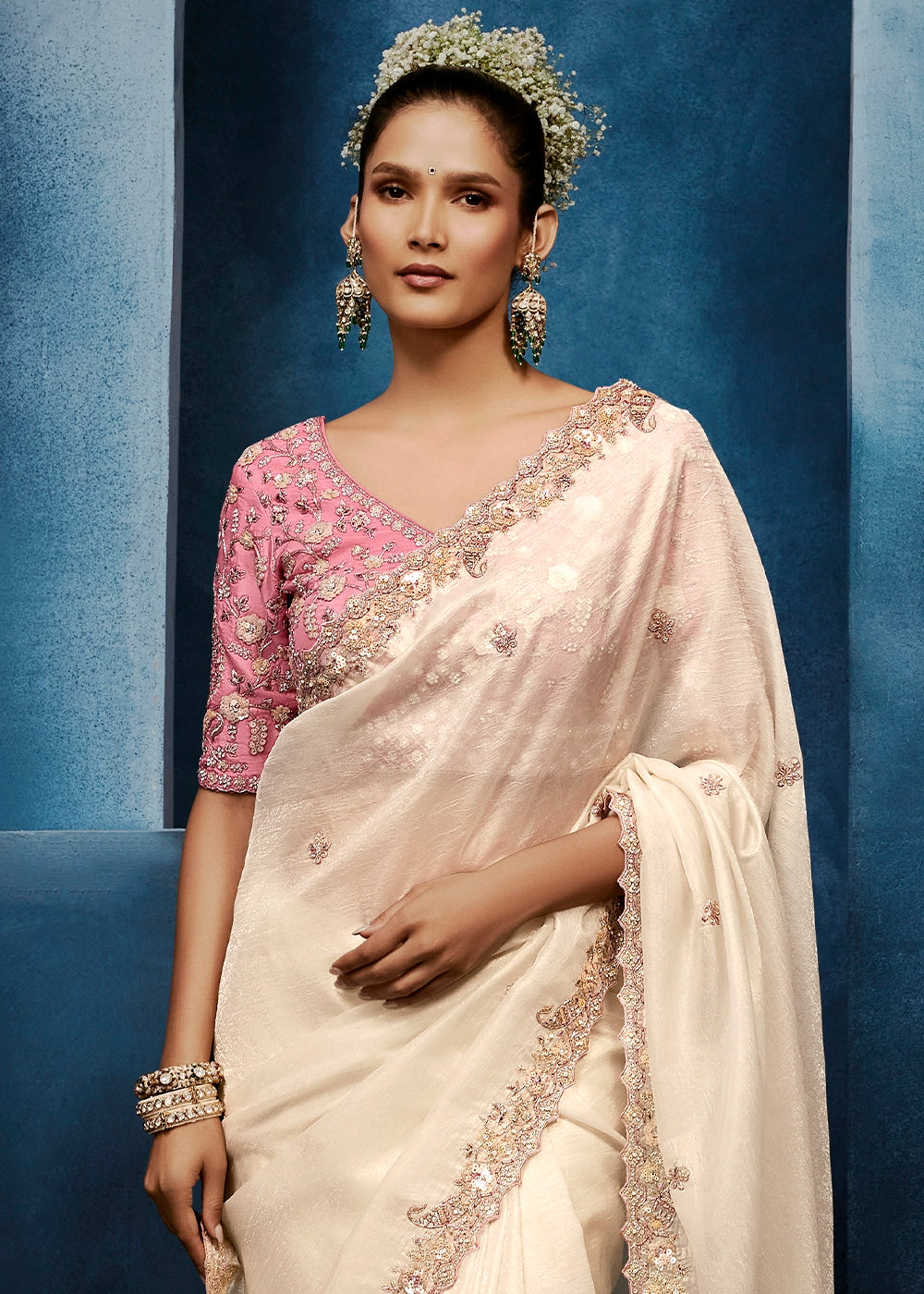Cream White Tissue Designer Saree with Embellished Blouse