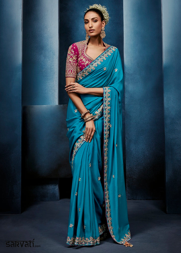 Cerulean Blue Tissue Designer Saree with Embellished Blouse
