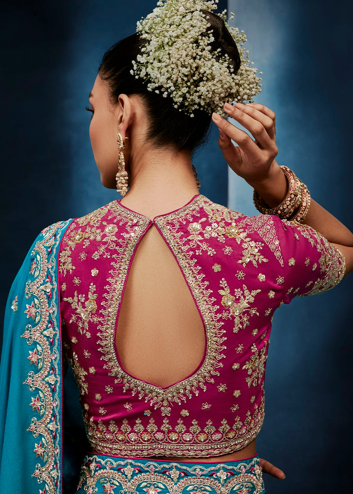 Cerulean Blue Tissue Designer Saree with Embellished Blouse