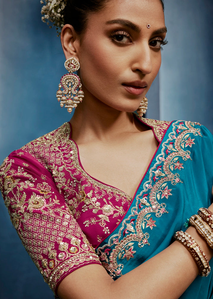 Cerulean Blue Tissue Designer Saree with Embellished Blouse