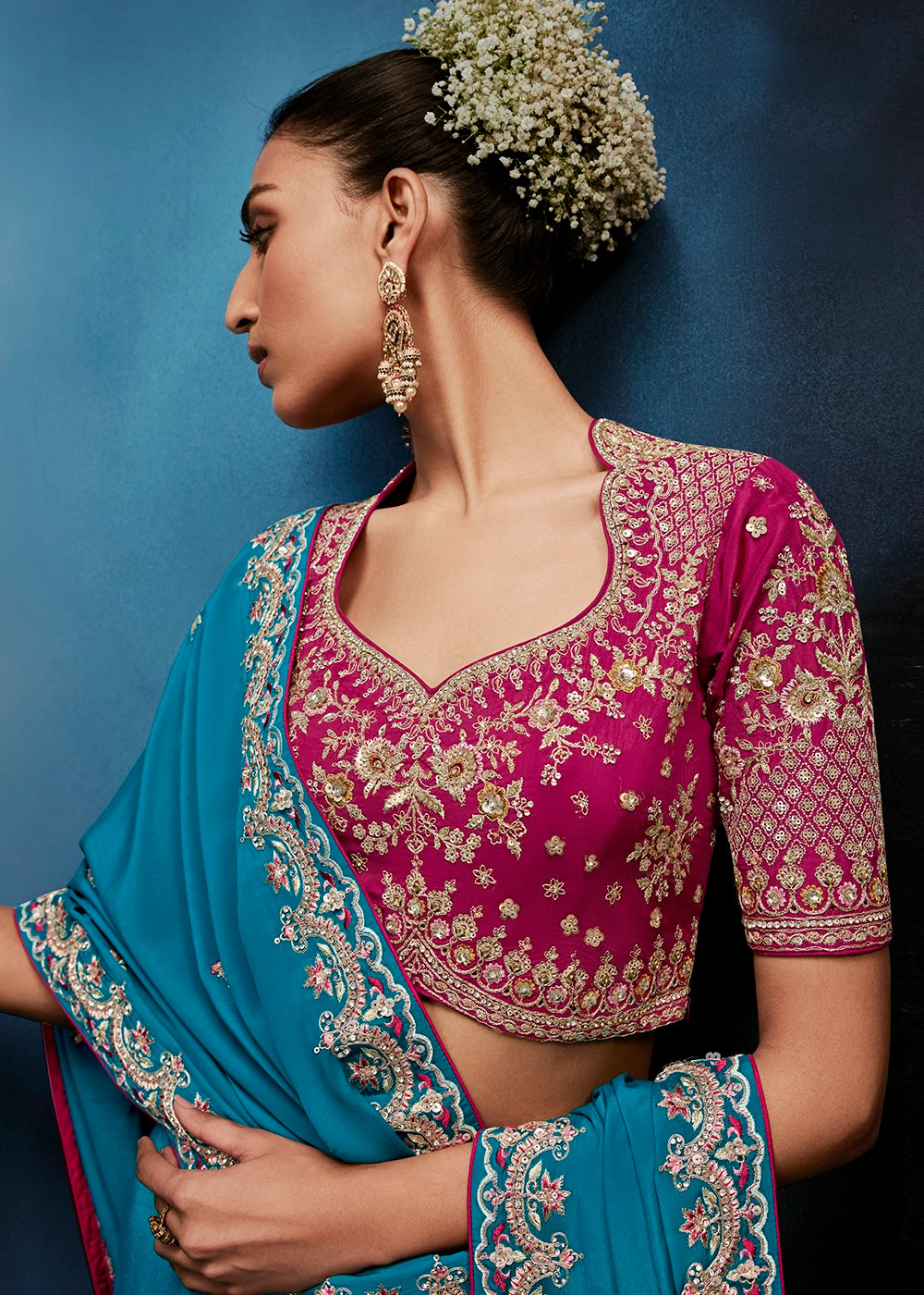 Cerulean Blue Tissue Designer Saree with Embellished Blouse