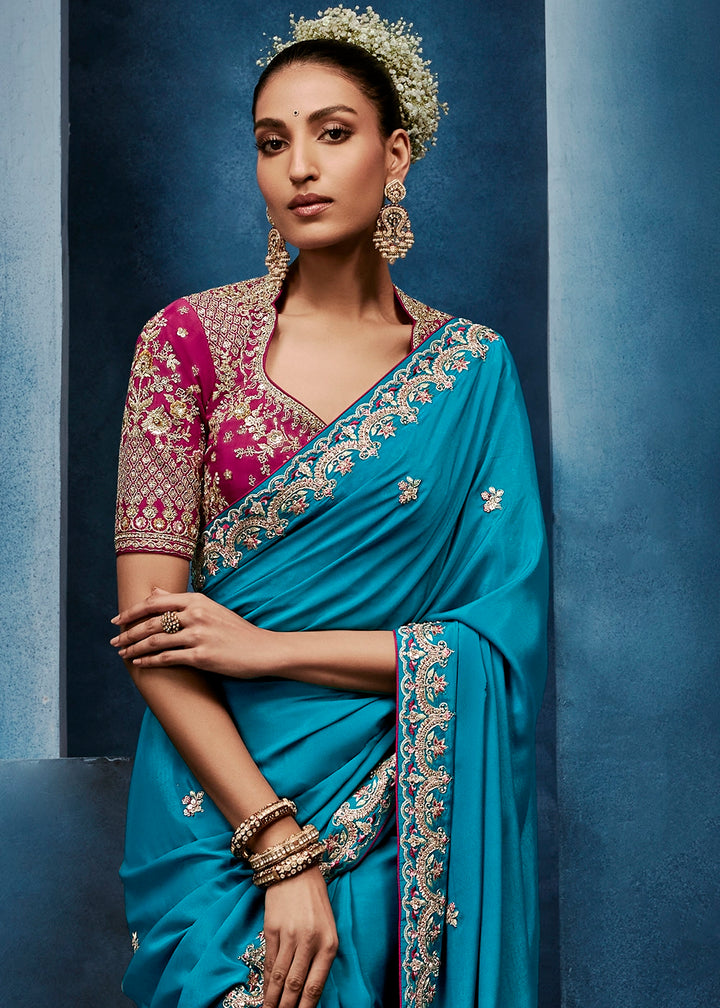 Cerulean Blue Tissue Designer Saree with Embellished Blouse