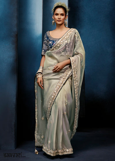 Greyish Green Tissue Designer Saree with Embellished Blouse