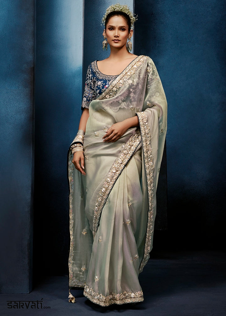 Greyish Green Tissue Designer Saree with Embellished Blouse