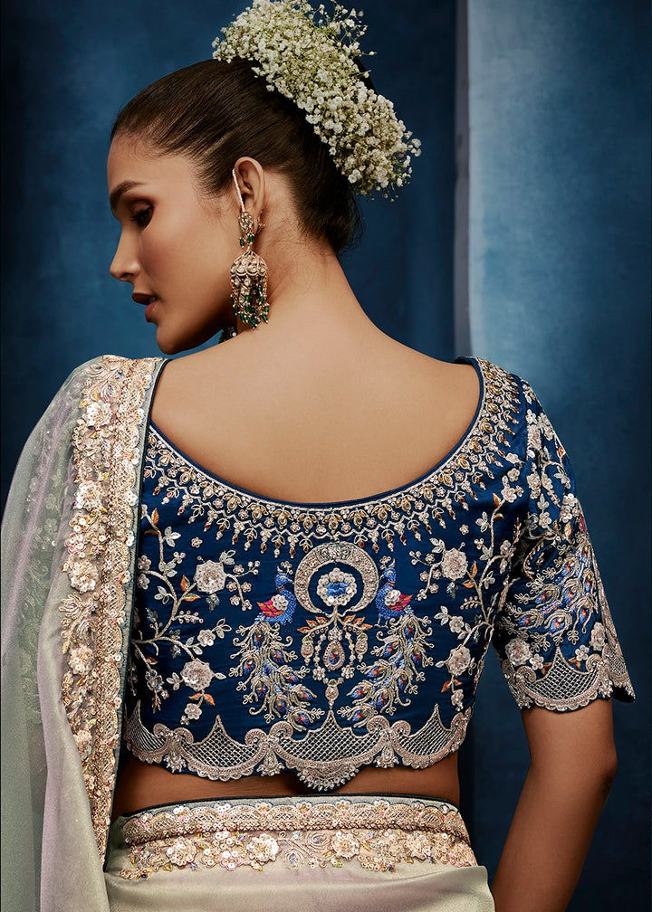 Greyish Green Tissue Designer Saree with Embellished Blouse