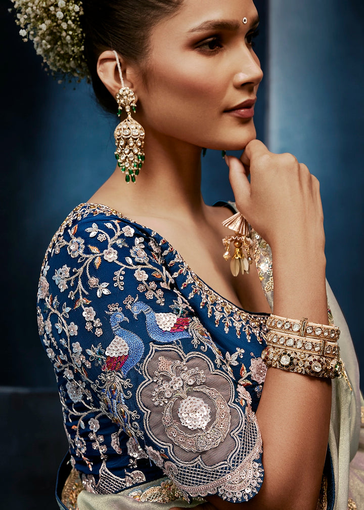 Greyish Green Tissue Designer Saree with Embellished Blouse
