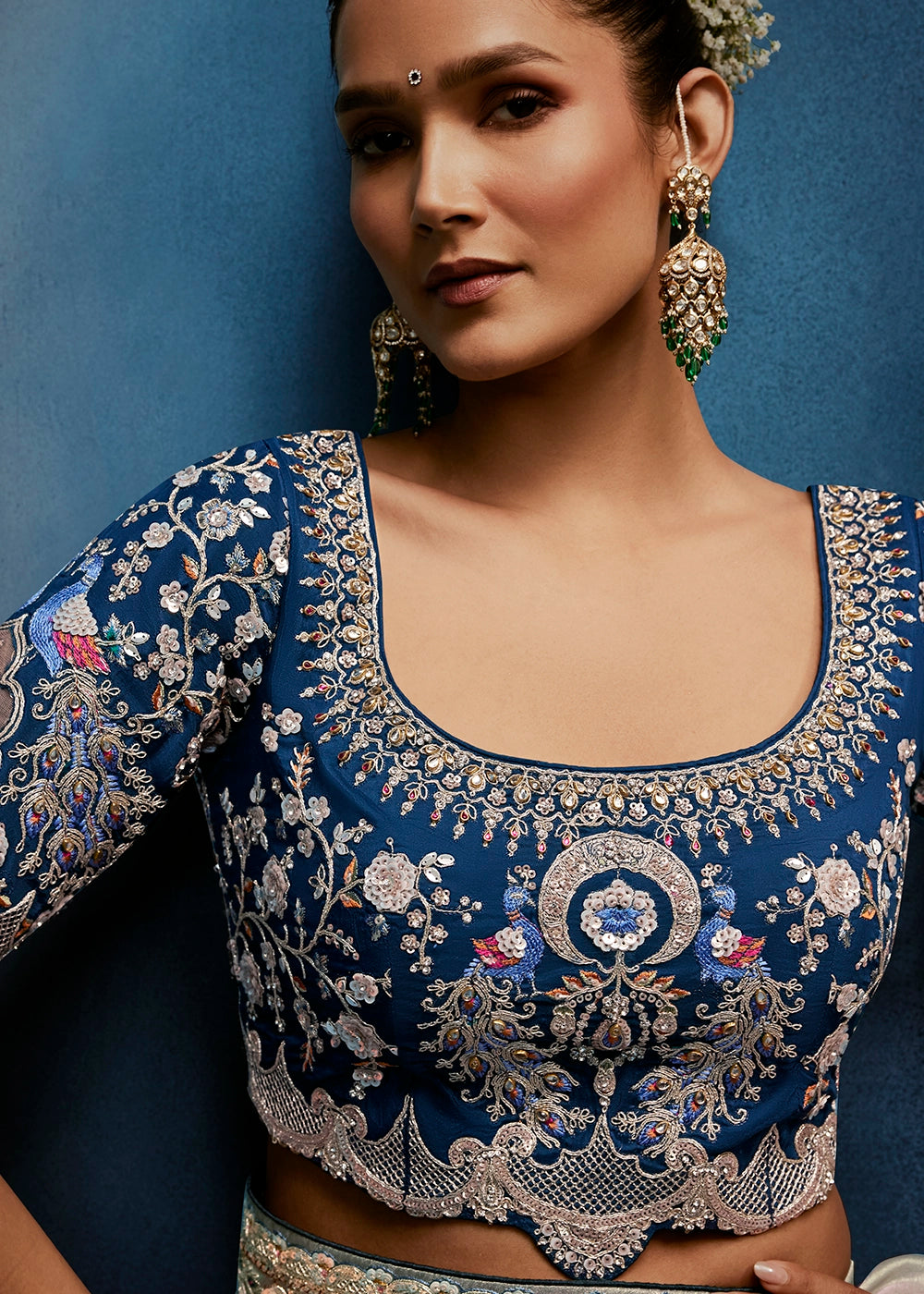 Greyish Green Tissue Designer Saree with Embellished Blouse
