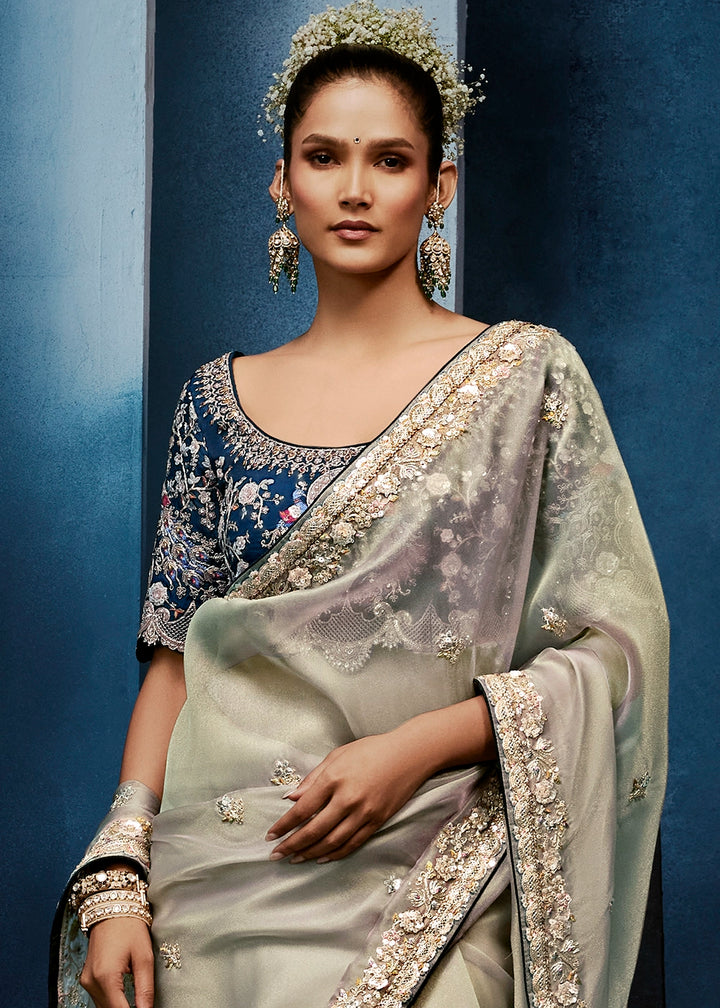 Greyish Green Tissue Designer Saree with Embellished Blouse