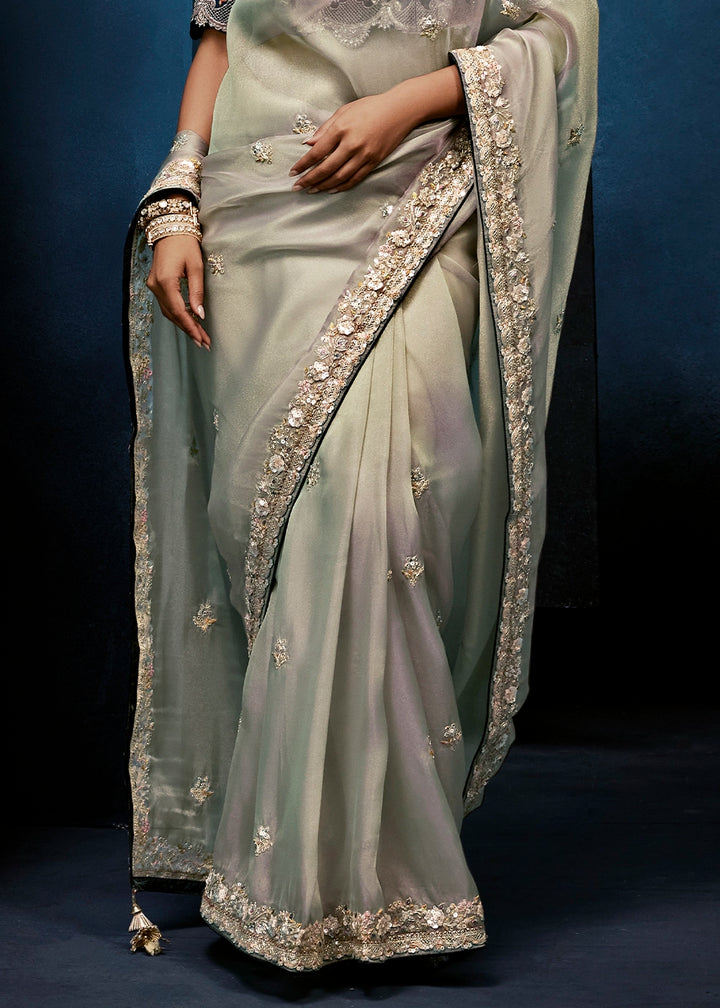 Greyish Green Tissue Designer Saree with Embellished Blouse