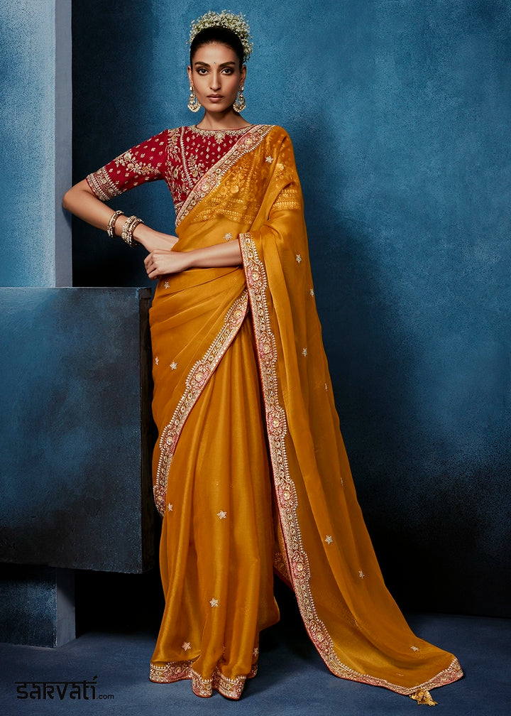 Bronze Orange Tissue Designer Saree with Embellished Blouse