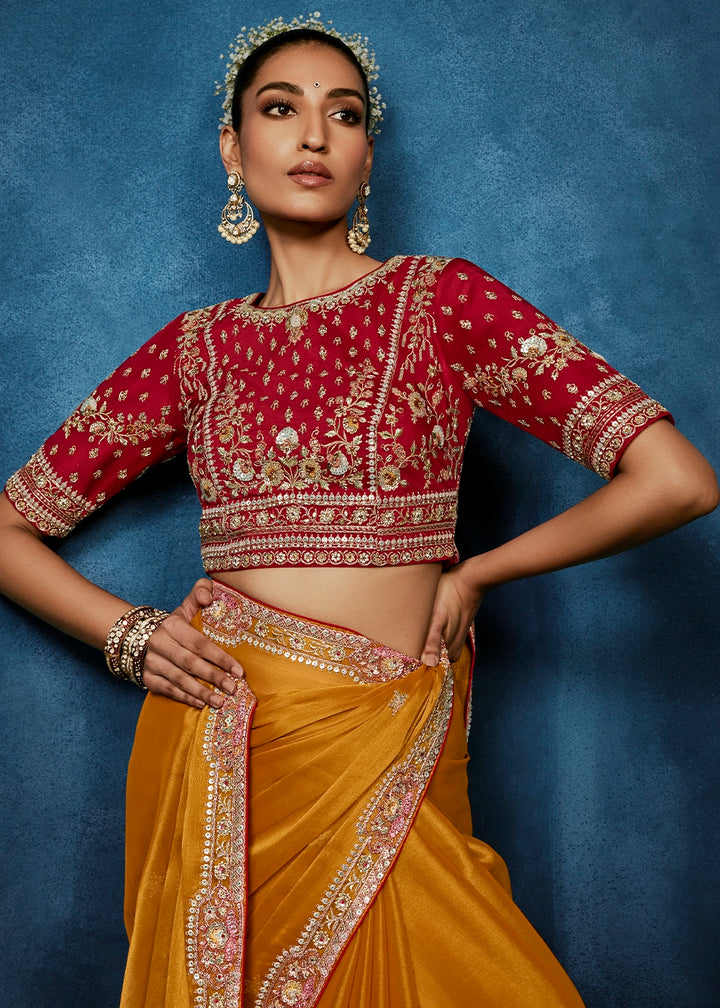 Bronze Orange Tissue Designer Saree with Embellished Blouse