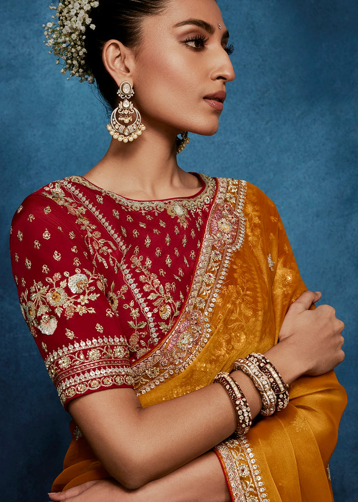Bronze Orange Tissue Designer Saree with Embellished Blouse