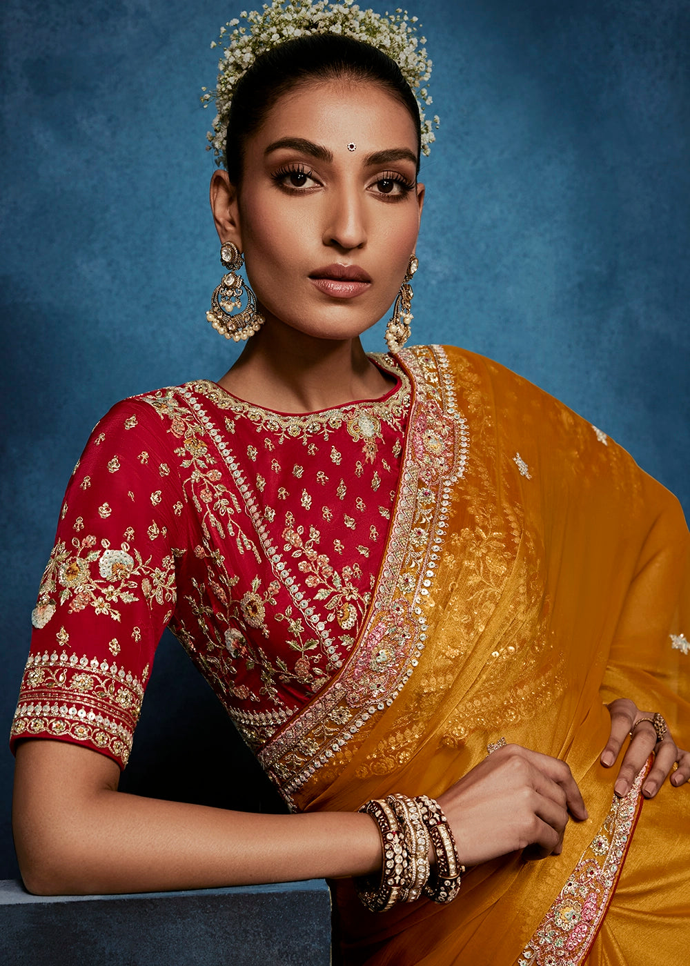 Bronze Orange Tissue Designer Saree with Embellished Blouse