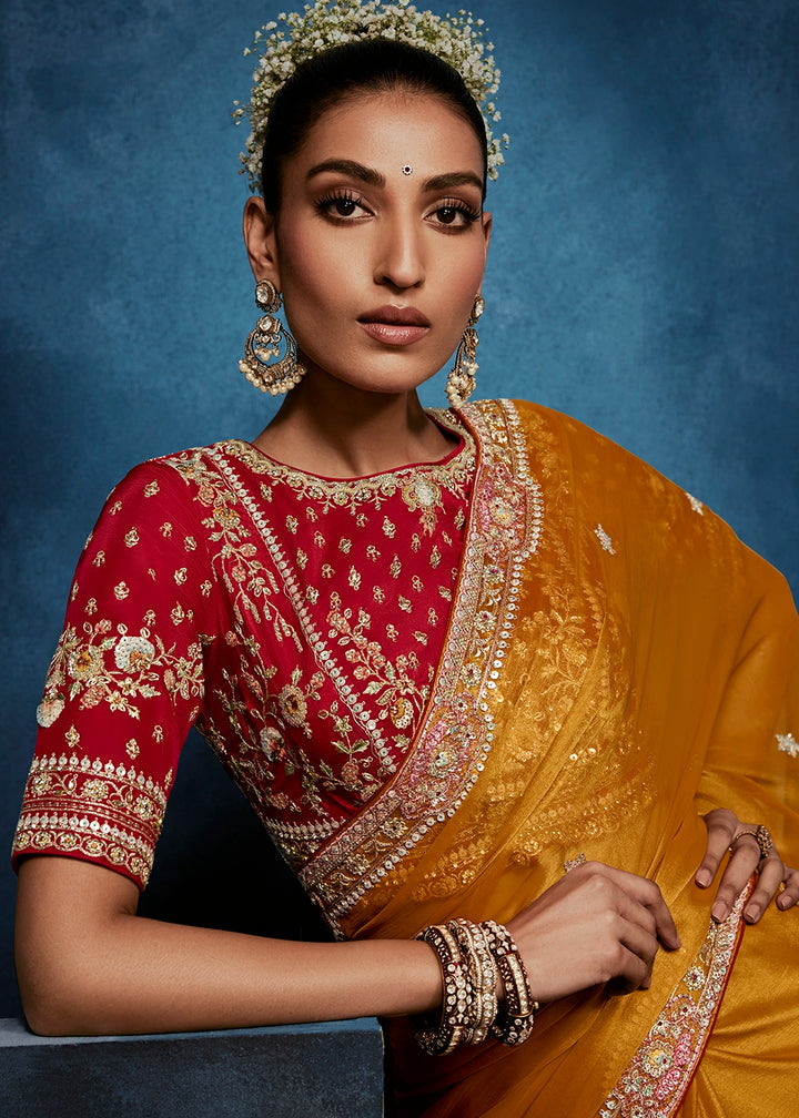 Bronze Orange Tissue Designer Saree with Embellished Blouse