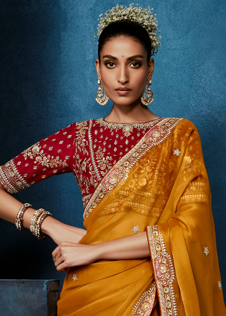 Bronze Orange Tissue Designer Saree with Embellished Blouse