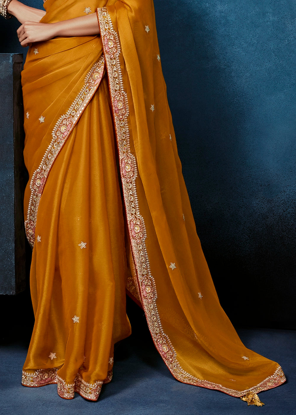 Bronze Orange Tissue Designer Saree with Embellished Blouse