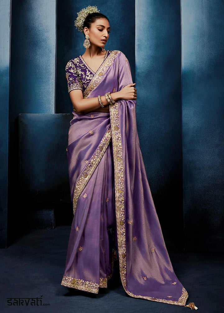 Shades Of Purple Tissue Designer Saree with Embellished Blouse