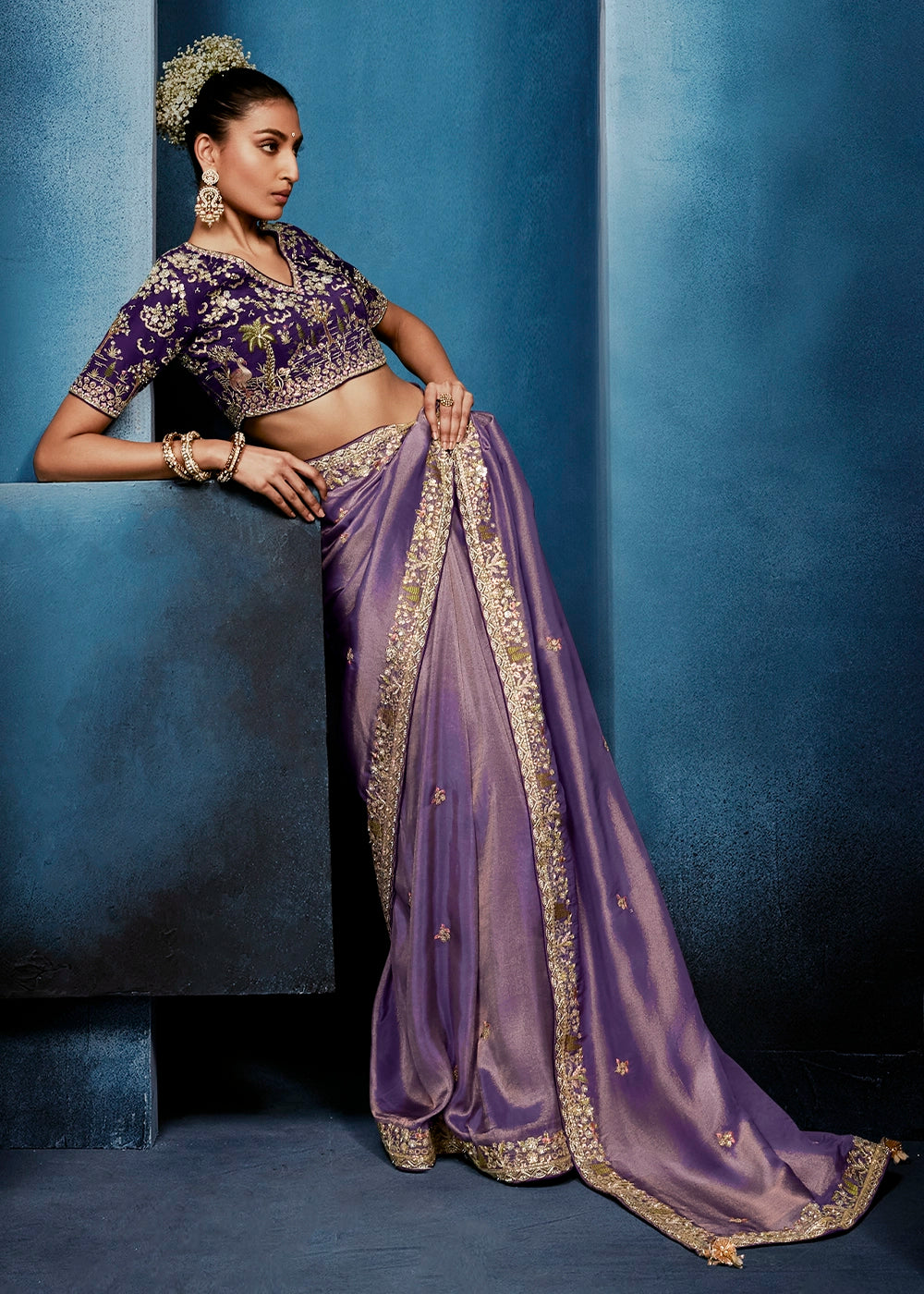 Shades Of Purple Tissue Designer Saree with Embellished Blouse