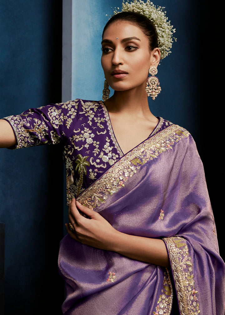 Shades Of Purple Tissue Designer Saree with Embellished Blouse