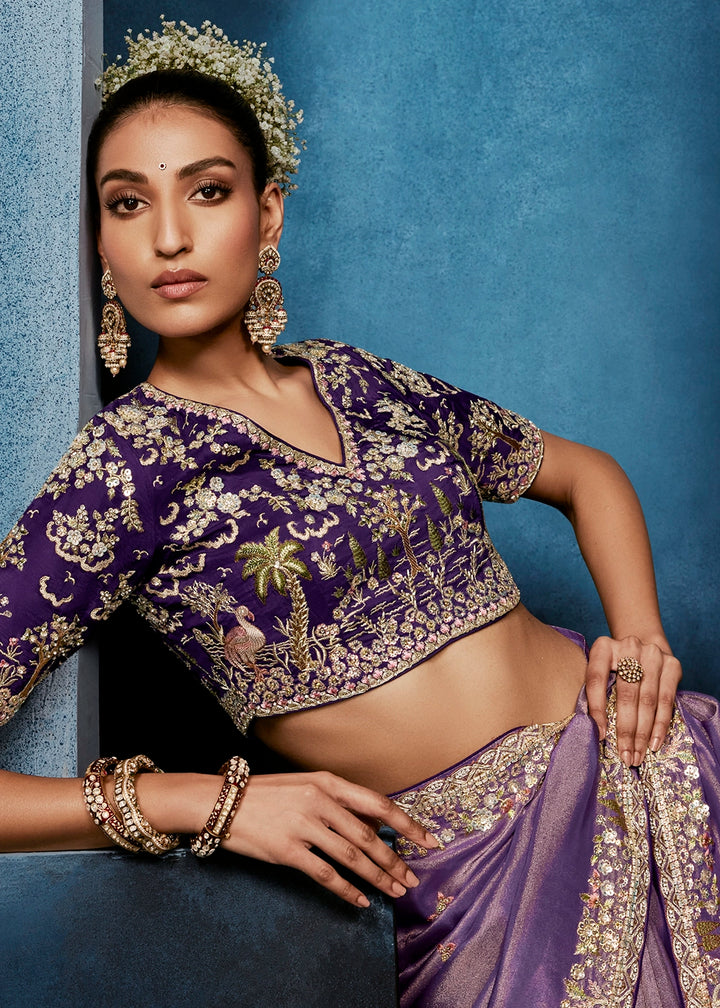 Shades Of Purple Tissue Designer Saree with Embellished Blouse