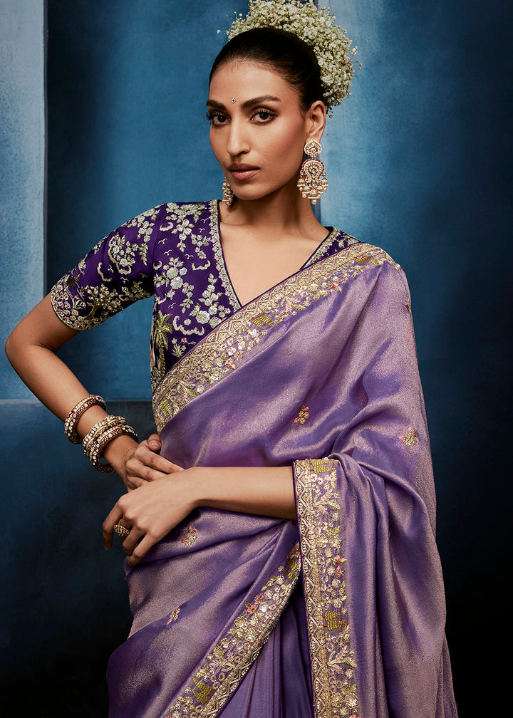 Shades Of Purple Tissue Designer Saree with Embellished Blouse