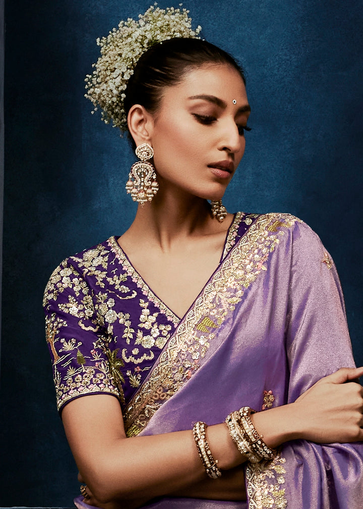 Shades Of Purple Tissue Designer Saree with Embellished Blouse