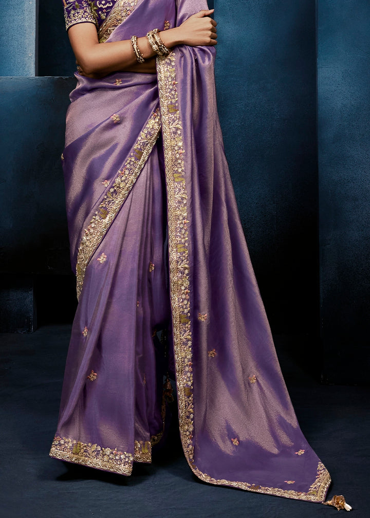 Shades Of Purple Tissue Designer Saree with Embellished Blouse
