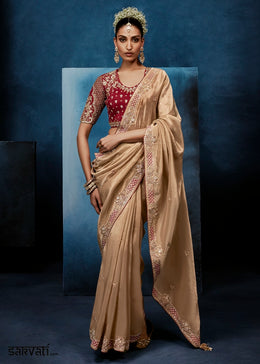 Light Brown Tissue Designer Saree with Embellished Blouse