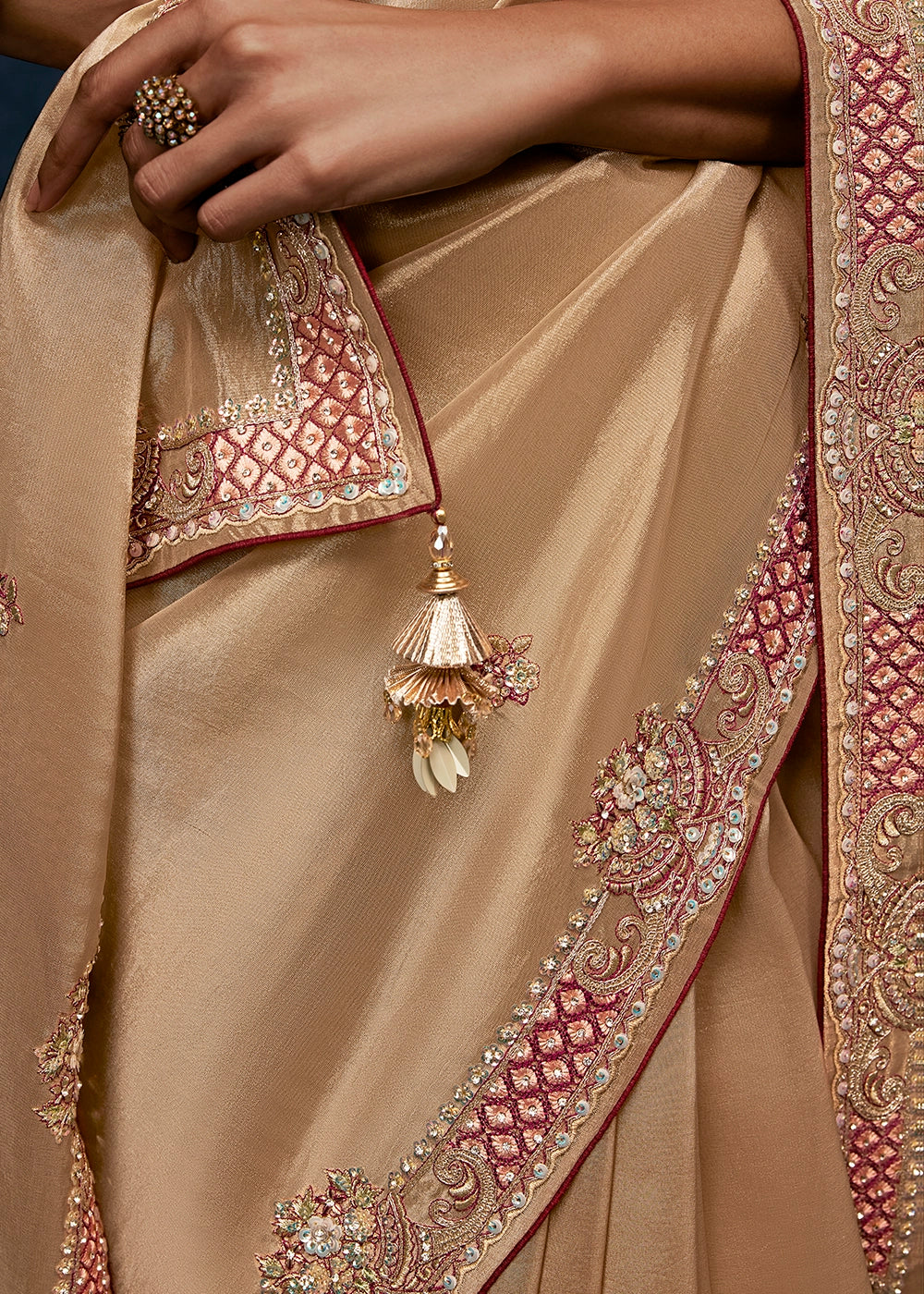 Light Brown Tissue Designer Saree with Embellished Blouse
