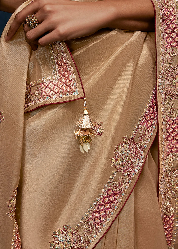 Light Brown Tissue Designer Saree with Embellished Blouse