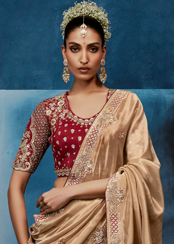 Light Brown Tissue Designer Saree with Embellished Blouse