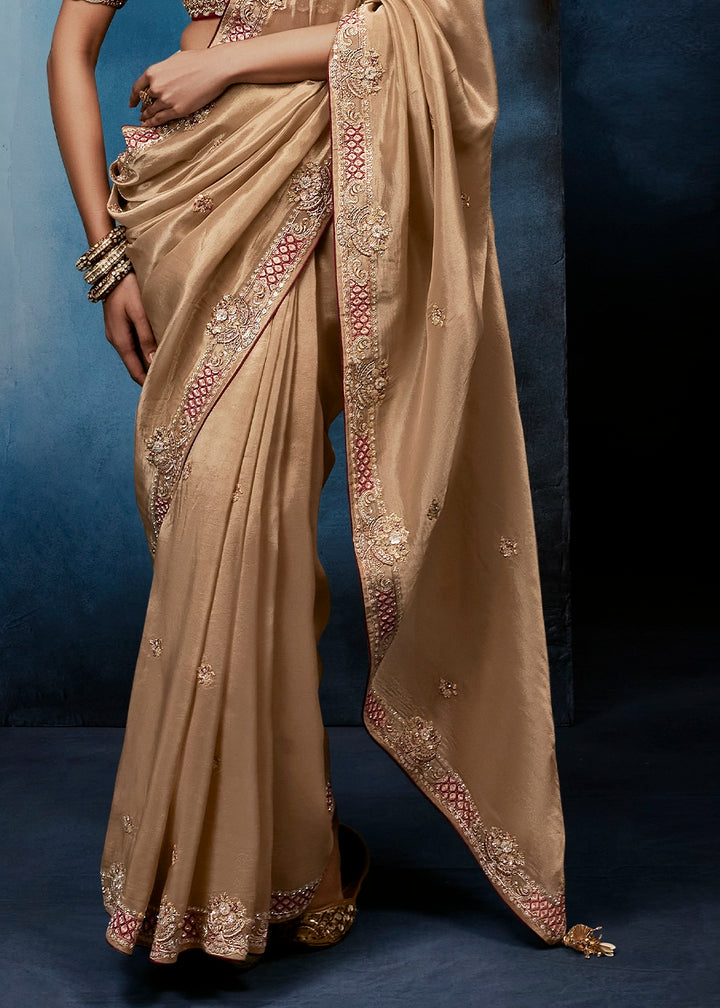 Light Brown Tissue Designer Saree with Embellished Blouse