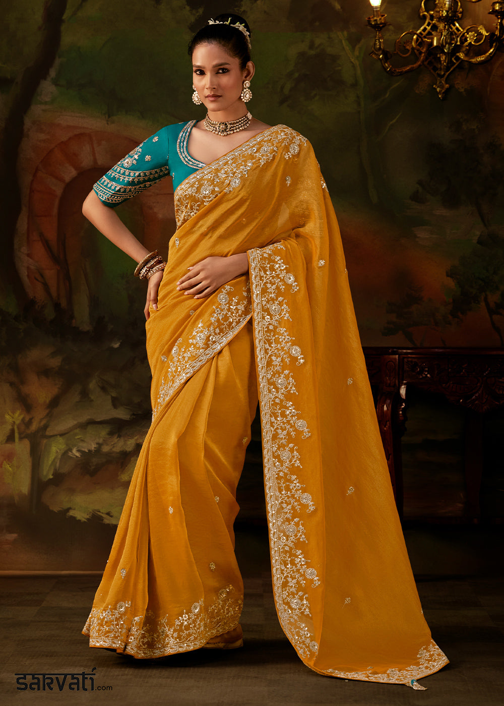 Chrome Yellow Viscose Tissue Silk Saree with Lustrous Zari &amp; Sequins work