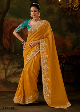 Chrome Yellow Viscose Tissue Silk Saree with Lustrous Zari & Sequins work