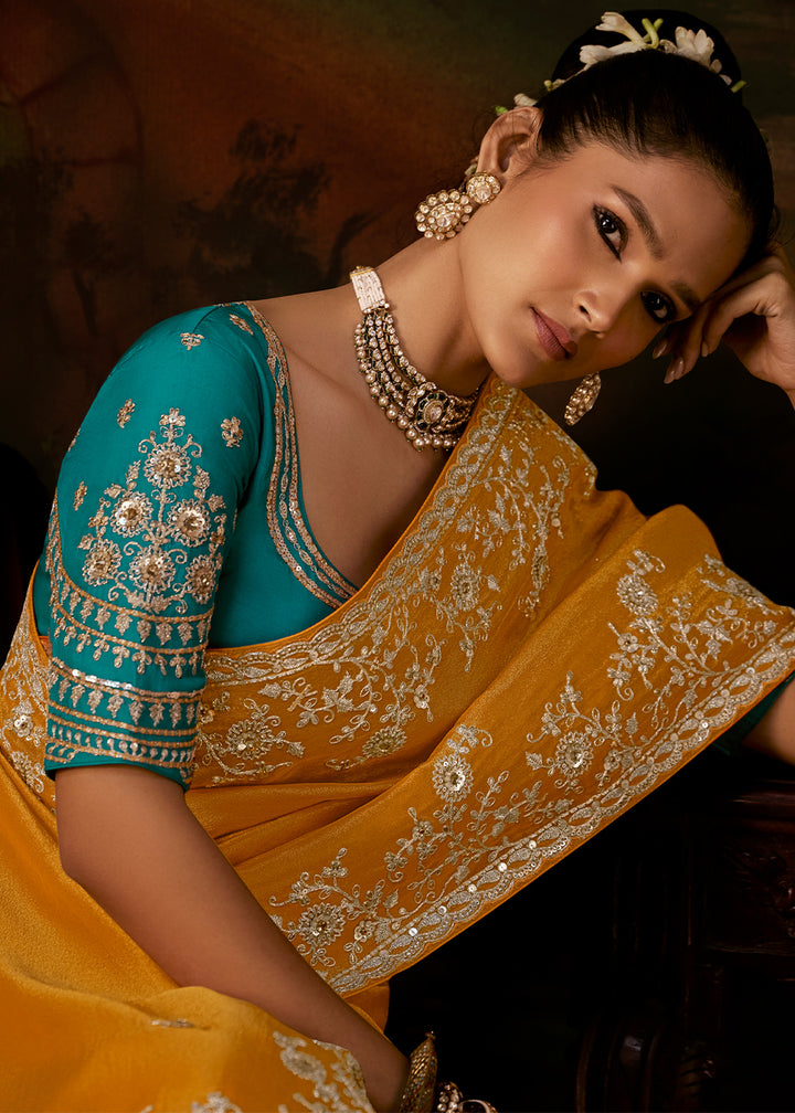 Chrome Yellow Viscose Tissue Silk Saree with Lustrous Zari &amp; Sequins work